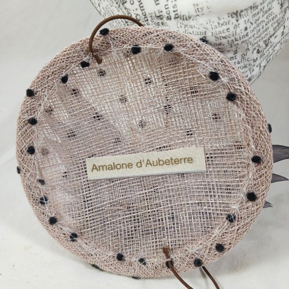 Small Round Fascinator Hat with Polka Dots Gray Feather \
